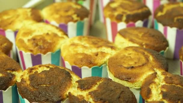 Čerstvě Upečené Muffiny Sedící Plotně Připravené Jídlu Oddálení Fotoaparátu — Stock video