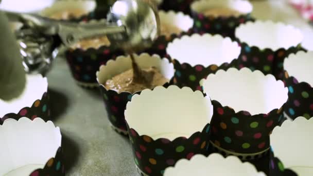 用巧克力面糊装满有趣的彩色松饼盘 准备烘焙 — 图库视频影像