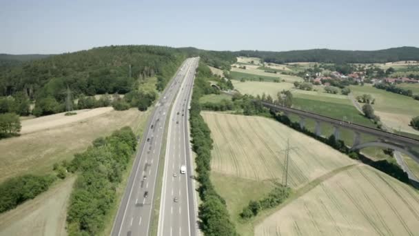 Drone Shot Summer Holiday Traffic German Motorway Sunlight Germany Europe — Stock Video