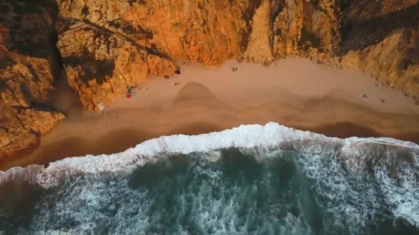 Top View Waves Breaking Sand Ursa Beach Sintra Portugal Person — Stock Video