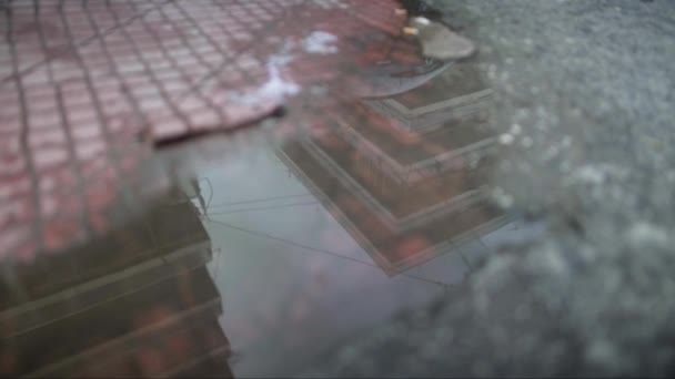 Budovy Odrazy Ptáků Mokrém Chodníku Aténách Řecko Dešti — Stock video