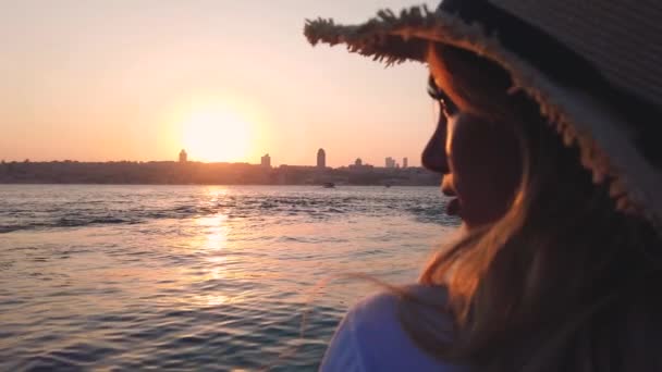 Slow Motion Beautiful Girl Enjoys Sunset View Bosphorus Istanbul Popular — стоковое видео