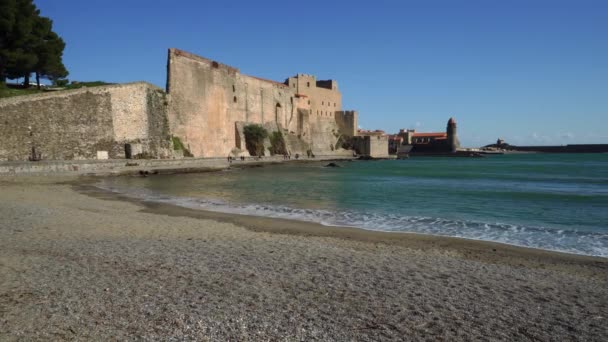 Collioure Κύματα Lapping Στην Παραλία Βότσαλο Ιστορικό Φρούριο Λιμάνι Και — Αρχείο Βίντεο