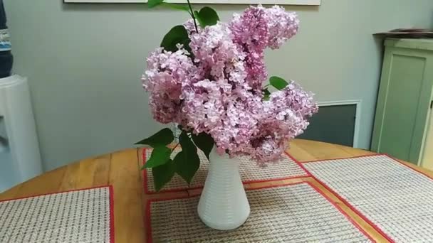 Lilacs Uma Mesa Cozinha Dia Ensolarado — Vídeo de Stock
