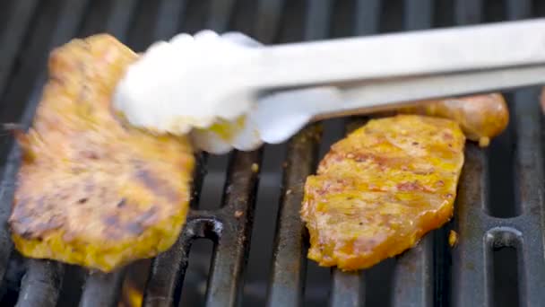 Preparando Carne Para Churrasco Para Uma Festa Livre Com Amigos — Vídeo de Stock