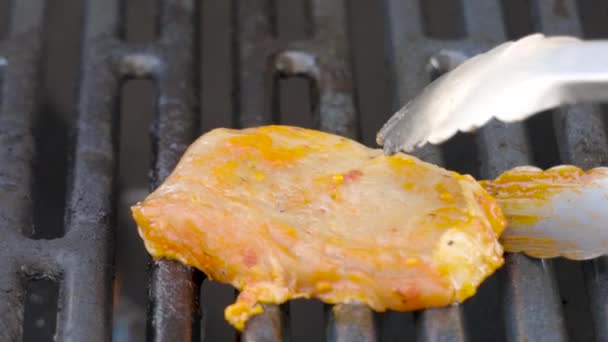 Preparación Carne Fresca Una Parrilla Barbacoa Gas — Vídeos de Stock