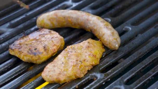 Preparación Carne Fresca Una Parrilla Barbacoa Gas — Vídeos de Stock