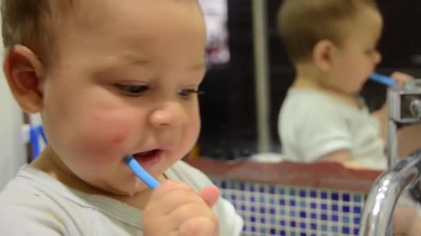 Γλυκό Αγοράκι Που Βουρτσίζει Δόντια Του Μηνών Μωρό Οδοντοφυΐας Χρησιμοποιώντας — Αρχείο Βίντεο