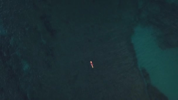 Drone Shot Rising Lone Surfer Sitting His Board Waiting Wave — Stock Video