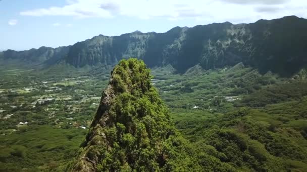 Drónlövések Köröztek Túrázók Körül Csúcs Olomana Ösvény Végén Oahun Hawaiin — Stock videók