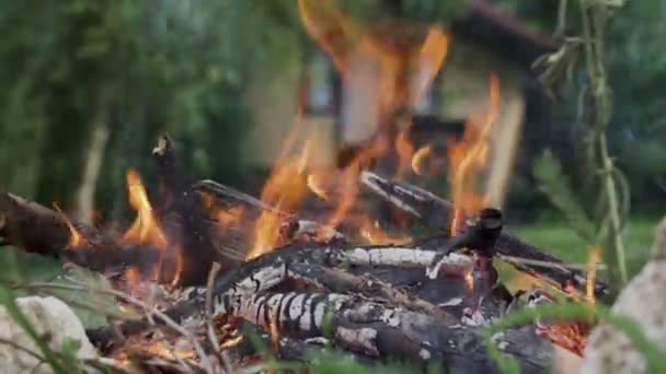 Blízký Záběr Ohně Intenzivní Plameny Rozmazaném Pozadí Venku — Stock video