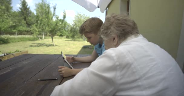 Avó Neto Usando Tablet — Vídeo de Stock