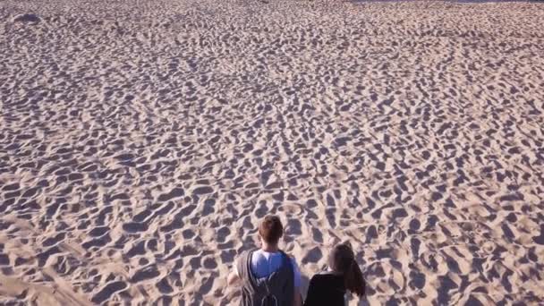 Aerial Shot Young Couple Walking Sandy Beach Hold Hands Running — Vídeo de stock