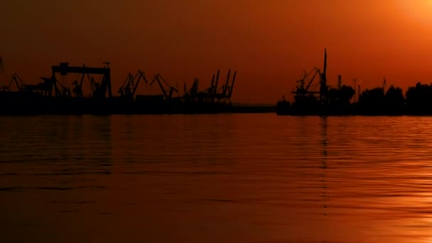 무렵아름다운 주황색 하늘에서 항구를 바라봅니다 프레임의 바닥에서 프레임으로 들어온다 두루미의 — 비디오