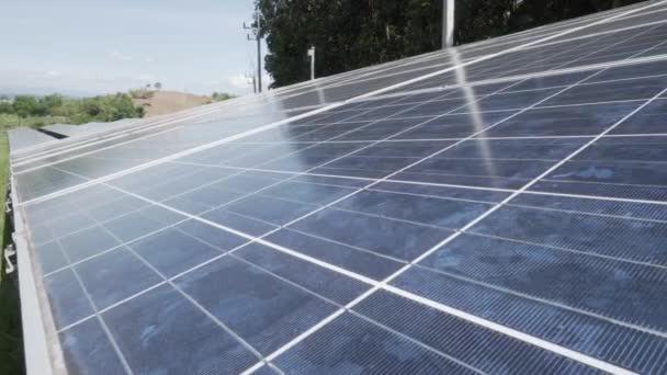 Close Solar Panel Installed Large Solar Farm Forest — Stock Video