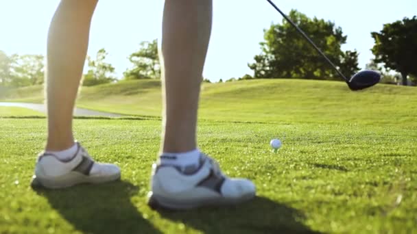 Disparo Ángulo Bajo Detrás Las Piernas Golfista Que Muestra Que — Vídeos de Stock