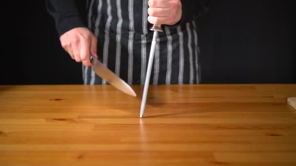 Slow Motion Man Chef Using Various Techniques Sharpen Knife His — Stock Video