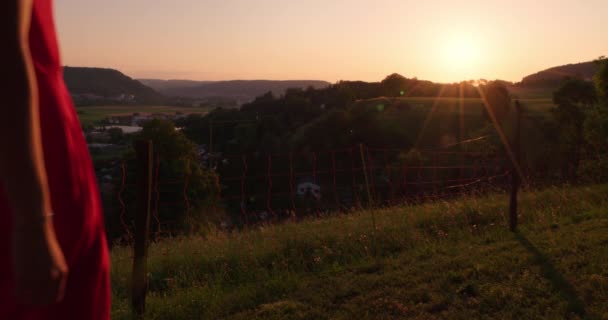 Une Femme Robe Rouge Regarde Coucher Soleil Dans Paysage — Video