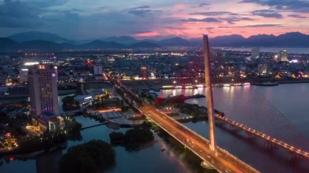 Гиперлапс Городского Моста Час Пик Ночью Вид Воздуха Вьетнаме — стоковое видео