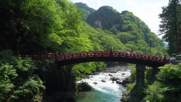 Rote Shinkyo Brücke Über Einen Fließenden Fluss Nikko Japan Diese — Stockvideo