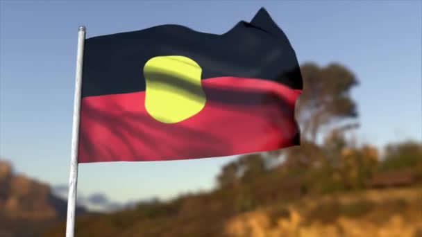 Animación Cgi Bandera Aborigen Australiana Ondeando Interior Australia — Vídeos de Stock