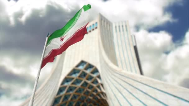 Iráni Nemzeti Zászló Cgi Animációja Teheránban Azadi Torony Előtt — Stock videók