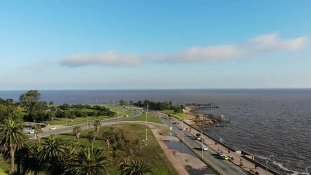 Aerial Drone Footage Park Krajobrazowy Rambla Parque Rodo Montevideo Urugwaj — Wideo stockowe
