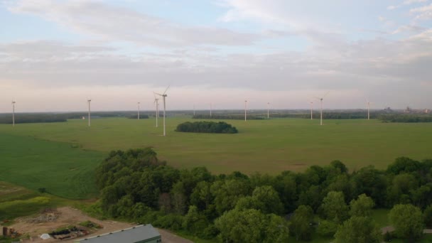 Drone Aerial View Many Windmills Spinning Dusk Open Fields — Stock Video