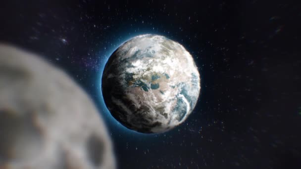 Kamera Přiblíží Zemi Proletí Kolem Měsíce Nad Světem Spousta Nadýchaných — Stock video