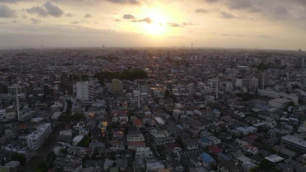 日没時の東京市の空中撮影 水平線の上のコンクリートジャングル — ストック動画