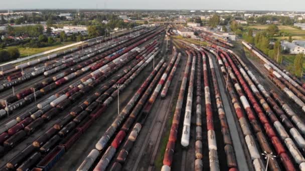 Aerial Shot Showing Large Train Depot Many Colorful Cargo Trains — Stock Video