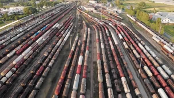 Luftaufnahme Zeigt Großes Bahndepot Mit Vielen Bunten Güterzügen — Stockvideo