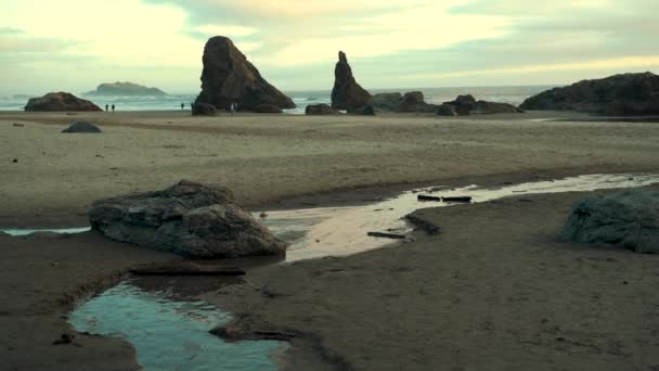 班顿海滩俄勒冈州著名的海洋堆栈 前景广阔的大石头和大河 背景中难以辨认的人 纷纷涌出 — 图库视频影像