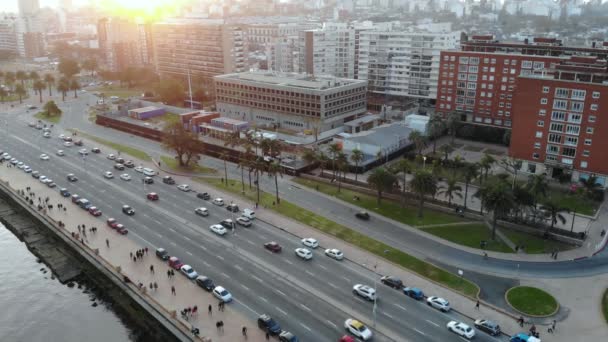 Flygfoto Stadstrafiken Stranden Ligger Montevideo Uruguay — Stockvideo