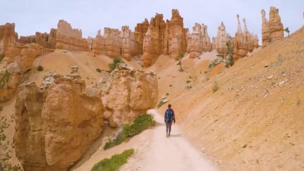 ブライス キャニオン国立公園 アメリカ 女の子だけが赤い山の中の歩道をハイキング — ストック動画