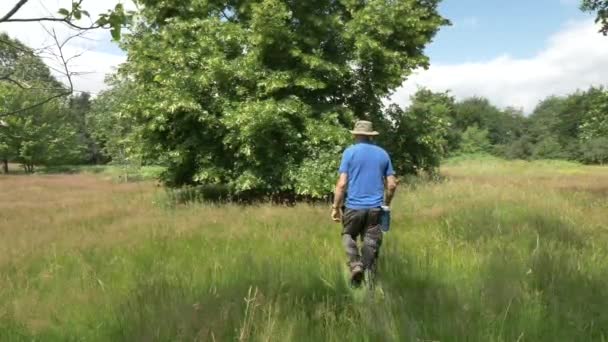 Arborist Boomchirurg Loopt Naar Het Fort Het Gebladerte Onderzoeken Man — Stockvideo