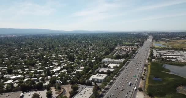 Aerial View Esikaupunkien Tiheä Puut Kattotalot Mänty Puut Autojen Moottoritie — kuvapankkivideo