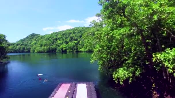 空中俯瞰着水母湖 人们在那里游泳 密克罗尼西亚 镜头向前移动 — 图库视频影像