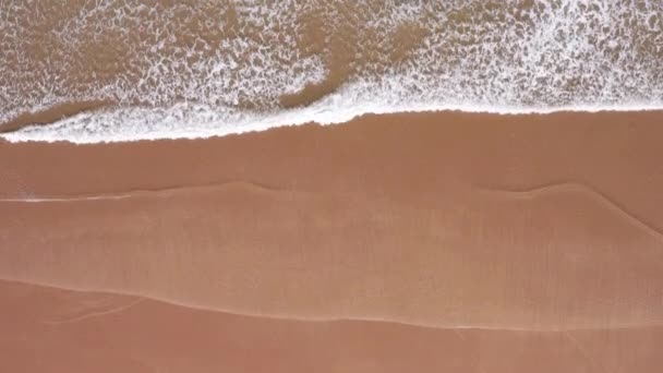 砂金のビーチに打ち寄せる波の静的な空中ショット — ストック動画