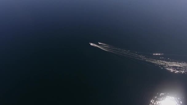 Luchtfoto Van Twee Waterskiërs Achter Een Motorboot — Stockvideo