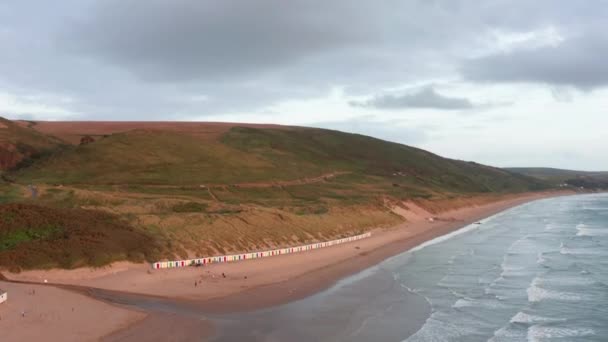 Falling Aerial Shot Sandy Beach Sunset — Stock Video