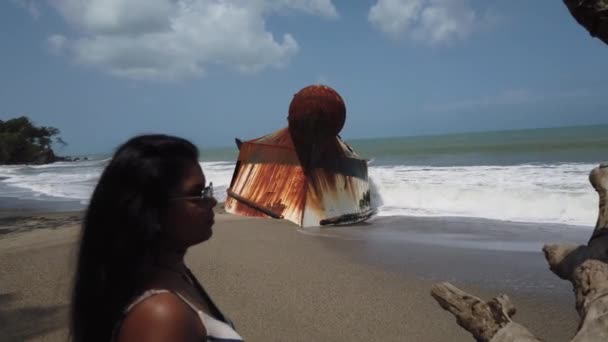 Arka Planda Bir Gemi Enkazı Olan Plaj Manzarasının Keyfini Çıkaran — Stok video
