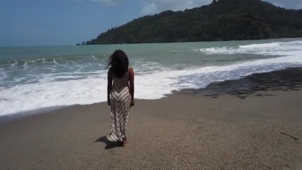 Dalgalar Kıyı Şeridinde Kırılırken Okyanusa Doğru Yürüyen Bir Model — Stok video