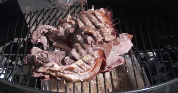 Verser Marinade Sur Gibier Enveloppé Dans Bacon Sur Feu Ouvert — Video