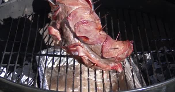 Turning Topside Kudu Wrapped Bacon Dripping Sauce Open Fire Slow — Stock Video