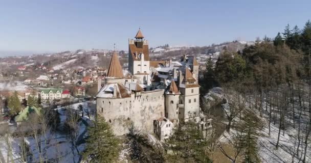 Omloop Rond Bran Castle Brasov Roemenië Een Zonnige Wintermiddag — Stockvideo