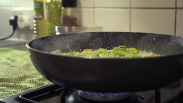 Mcu Sliced Leeks Being Sauteed Butter Stewed Large Steaming Pan — Stock Video