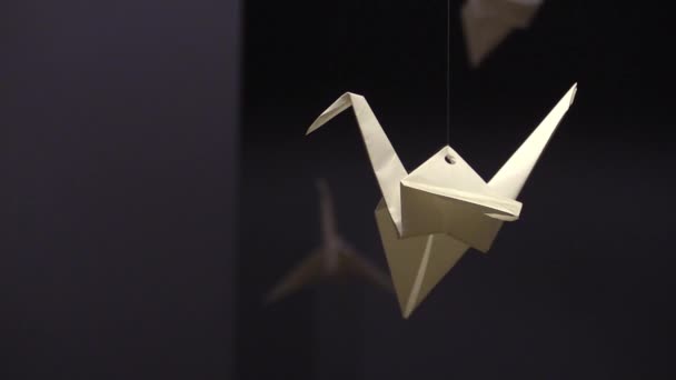 Fehér Könyv Origami Crane Akasztás Egy Sötét Szobában — Stock videók