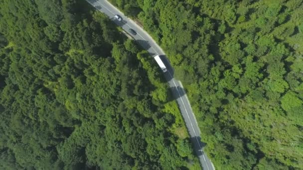 Вид Зверху Два Автомобілі Проїжджають Білою Вантажівкою Гірській Дорозі Глибокому — стокове відео
