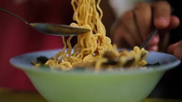 誰かが自分の夕食を食べて 自分の麺で遊んでのショット ミートボール付きの焼きそば 三重県産 三重県産馬鈴薯 — ストック動画